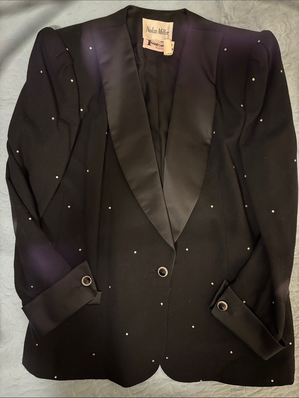 Nolan Miller Black Satin-Trim Evening Blazer w Rhinestones and Jeweled Cuffs
